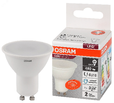 Лампа светодиодная LED 6 Вт GU10 6500К 480Лм спот 220 В (замена 50Вт) OSRAM