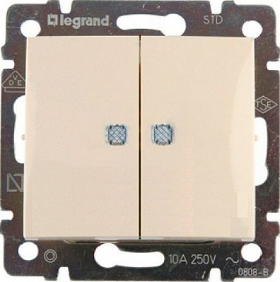 Выключатель 2-клавишный с индикацией 10А безвинтовое крепление слоновая кость VALENA DIY