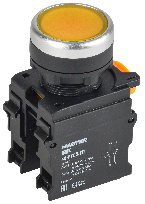 Кнопка с фиксацией d=22мм 1NO+1NC жёлтая MASTER IEK