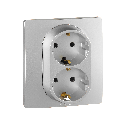 Розетка 2-местная с заземлением без защитных шторок 16А в сборе алюминий ETIKA