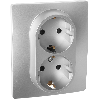 Розетка 2-местная с заземлением с защитными шторками 16А в сборе алюминий INSPIRIA