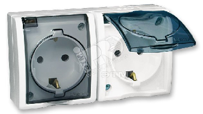 15 Aqua Розетка двойная 2Р+Е Schuko со шторками с крышкой полупр. IP54 16А 250В винт.зажим S15A белый