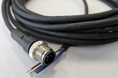 Кабель M12, 5A, штыревой, 5000 мм, прямой, полиуретан, черный, свободный конец