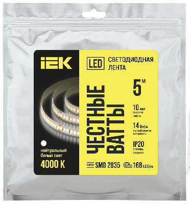 Лента светодиодная 5м SMD2835 168LED/м 14Вт/м IP20 ширина 10мм 24В нейтральный белый IEK