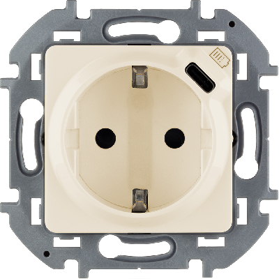 Розетка 1-местная с заземлением с защитными шторками 16А с USB C 5В безвинтовое крепление слоновая кость INSPIRIA