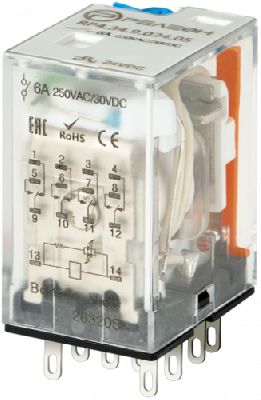Промежуточное реле, 4 перекидных контакта 6А, 24В (DC), блокируемая кнопка проверки, светодиод