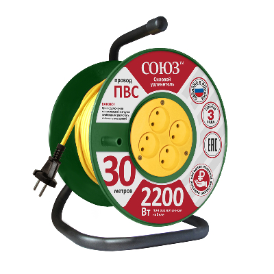 Удлинитель ТМ Союз силовой на катушке с 4  гнезда 2200 Вт 30м