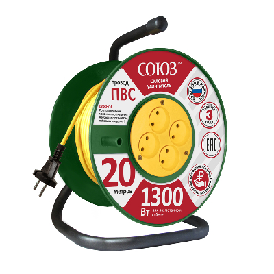 Удлинитель ТМ Союз силовой на катушке с 4  гнезда 1300 Вт 20м